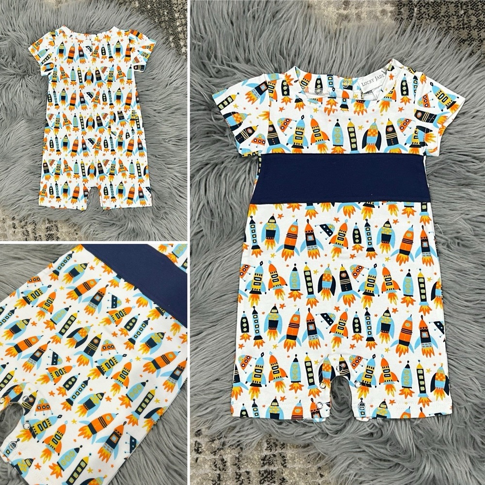 Lucky Jade White Rockets Short Sleeve Bodysuit Size 3-6 Months NWT‎